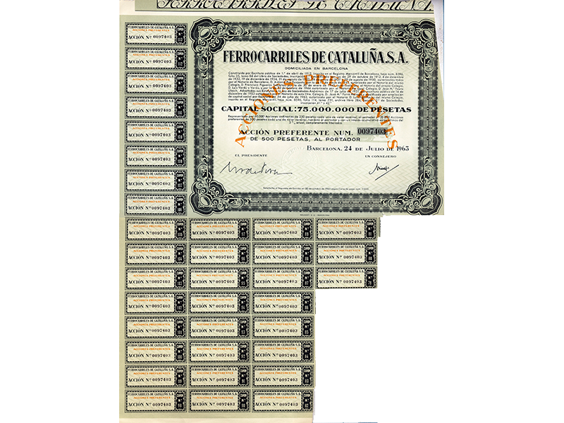 Accin de los Ferrocarriles de Catalua, S.A. Ao 1963. Sign. O-0049