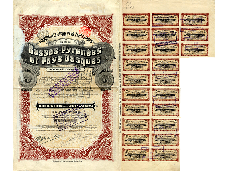 Obligacin de los Chemins de Fer et Tramways lectriques des Besses-Pyrnes et Pays Basques, S.A. Ao 1911. Sign. O-0061