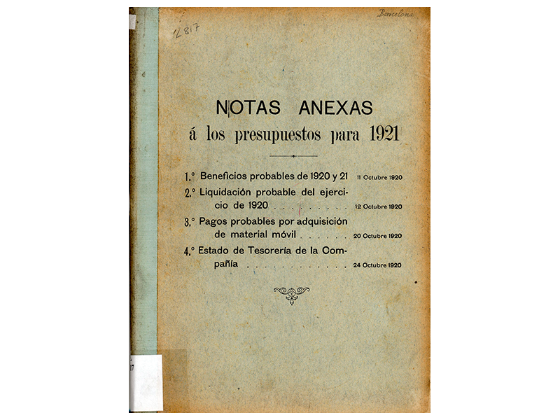 Notas anexas a los Presupuestos de la Compaa MZA. Ao 1921. Sign. L-0817