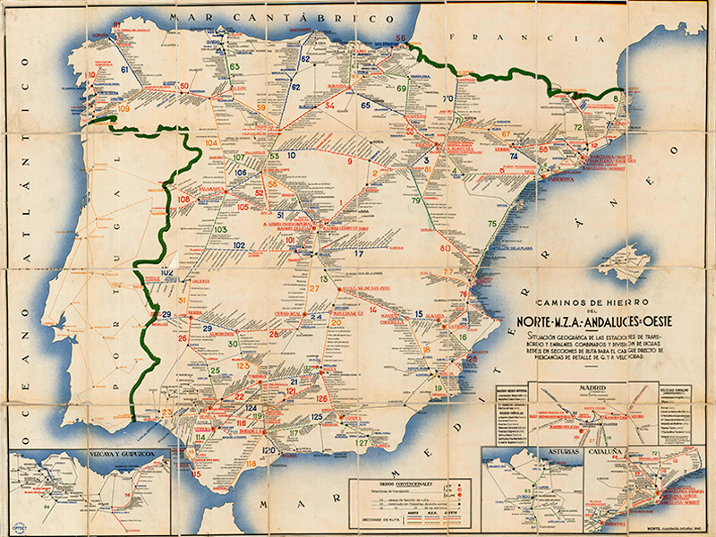 Caminos de hierro del Norte-MZA-Andaluces-Oeste: situacin geogrfica de las estaciones de transbordo y empalmes combinados y divisin de dichas redes en secciones de ruta para el cargue de mercancas de detalle de g. y p. velocidad. Compaa de los Caminos de Hierro del Norte. 1940. Signatura MAP 01-07