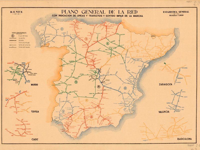 Plano general de la red con indicacin de lneas y trayectos y sentido impar de la marcha : estadstica general, octubre 1949. Renfe. Signatura MAP 02-01