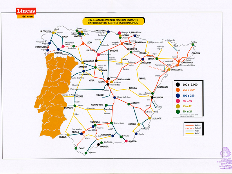 Distribucin de agentes por municipios. Lneas del tren. Aprox. 1994. Signatura MAP 02-40