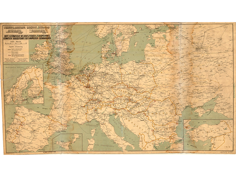 Carte schematique des voies ferrees europeennes: Schematische uebersichtskarte der europaischen eisenbahnlinien. Conferencia Europea de Horarios y Servicios Directos, 1948. Signatura 05-08