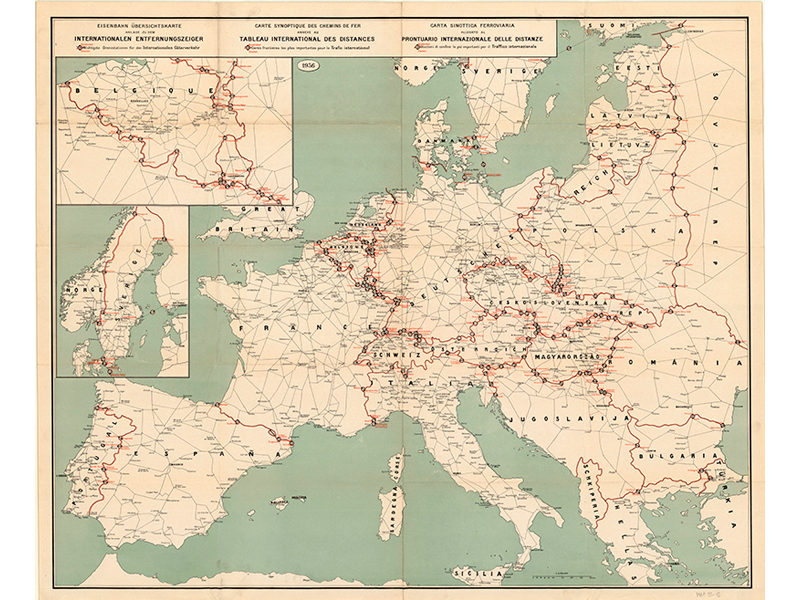 Carte sypnoptique des chemins de fer annexe au tableau international de distances: Eisenbahn ubersichtskarte anlage zu dem internationalen entfernungszeiger. 1936. Signatura MAP 05-15