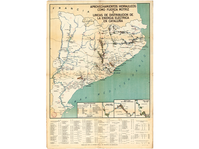 Aprovechamientos hidralicos como fuerza motriz y lneas de distribucin de energa elctrica en Catalua. Barcelona Cmara Oficial de Industria  195?. Signatura MAP 07-26