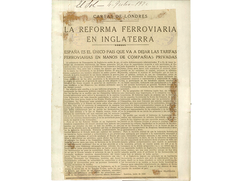 Recorte de un artculo de la revista especializada El Sol sobre la reforma ferroviaria en Inglaterra. Ao 1920. Sign. P-0002-003