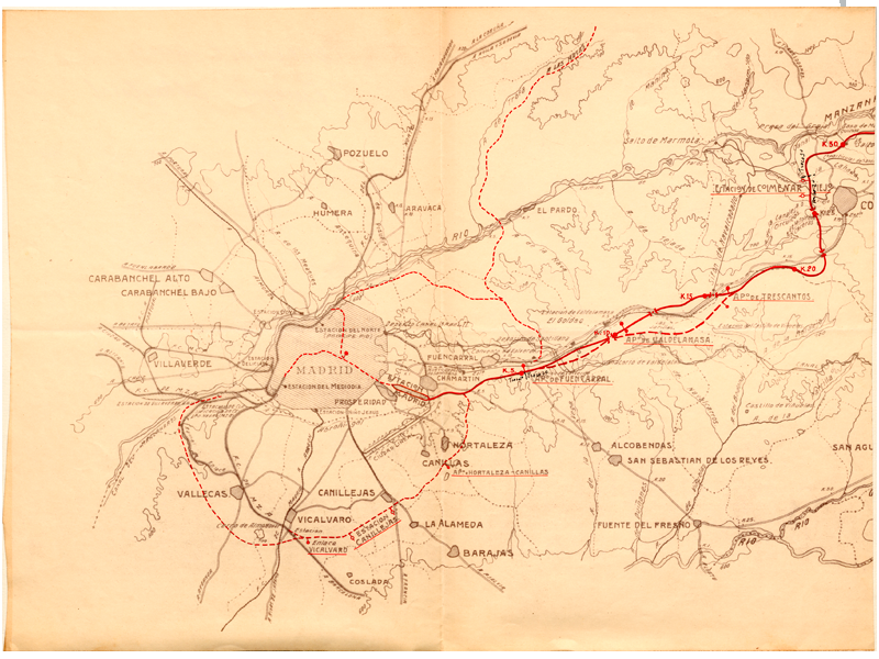 Plano del trayecto de Madrid a Colmenar Viejo, incluido en el informe de Enrique Ocharn a Eduardo Maristany sobre la construccin urgente de la lnea Madrid  Burgos. Ao 1926. Sign. P-0213-477