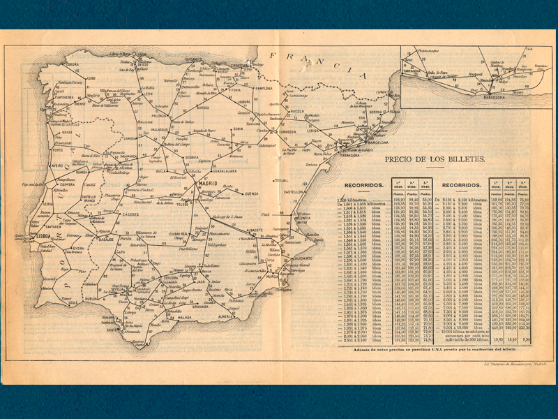 Mapa de las lneas espaolas con las distancias de aplicacin para los itinerarios de los billetes circulares a voluntad del viajero]. Precios de los billetes. Ao ca. 1900. D-0797-029