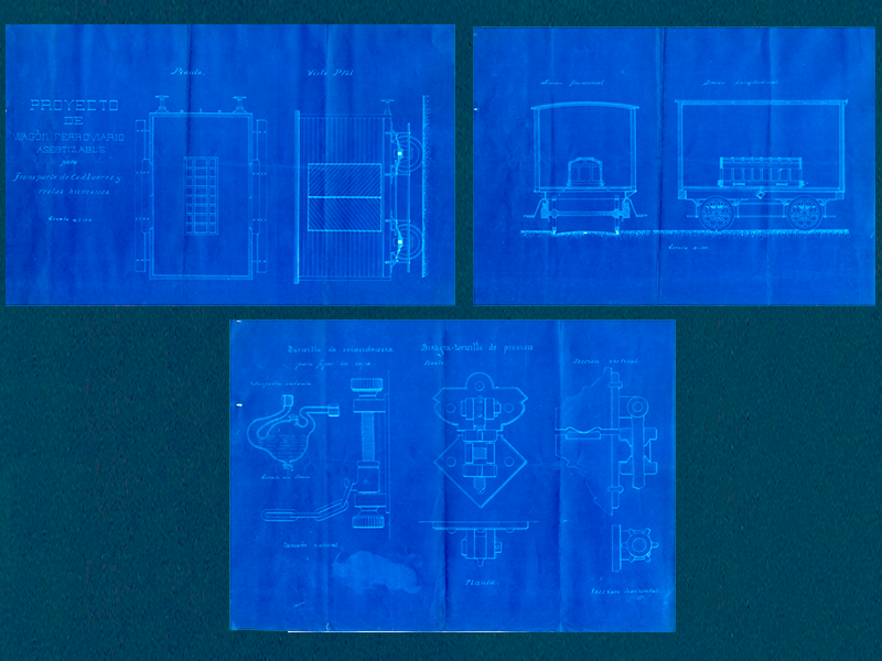 Planos del vagn ferroviario aseptizable para transportes fnebres, cadveres y restos humanos, patentado por Jos Armesto Rivas. Ao 1911. Sign. D-0612-003