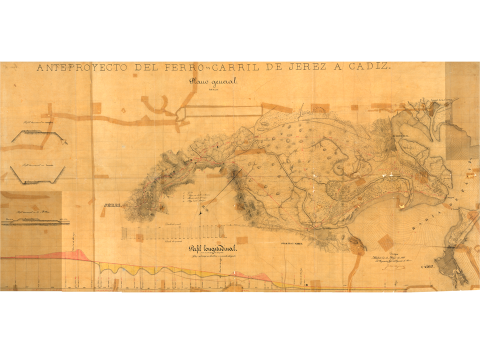 Plano del proyecto de lnea de Sevilla a Cdiz realizado por el ingeniero Glo Hermans. Ao 1851. Sign. A-0022-003