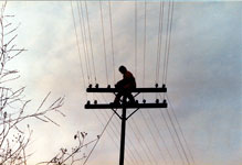 M Isabel Snchez Gonzlez, oficial de Telecomunicaciones de RENFE, subida en un poste de telecomunicaciones mientras realiza su trabajo a la altura de Izarra - abril 1989 - Izarra (lava)