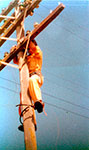 M Isabel Snchez Gonzlez, oficial de Telecomunicaciones de RENFE, subida en un poste de telecomunicaciones mientras realiza su trabajo a la altura de Pineda de Mar - 1985 - Pineda de Mar (Barcelona)