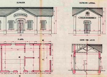 Edificio para fielato de consumos. Plano del proyecto realizado por el ingeniero Jos Antonio Calleja el 7 de abril de 1880 y autorizado por el ingeniero jefe Bonifacio de Espinal el 10 de abril de 1880. Elevacin, planta, elevacin lateral y corte ABCD. MINISTERIO DE CULTURA, Archivo General de la Administracin: Obras Pblicas, IDD (04)037, Caja 25/8301.