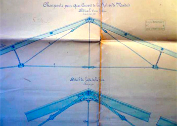 Dibujo del interior del muelle cubierto n 1 del servicio de mercancas. Detalle de las cerchas segn el modelo Polonceau. Sello de Blgica: Eugne ROLIN & CIE. BRAINE-LE COMTE (Belgique). Sin fecha [1878?]. Archivo Histrico Ferroviario-Museo del Ferrocarril, B-0076-002.